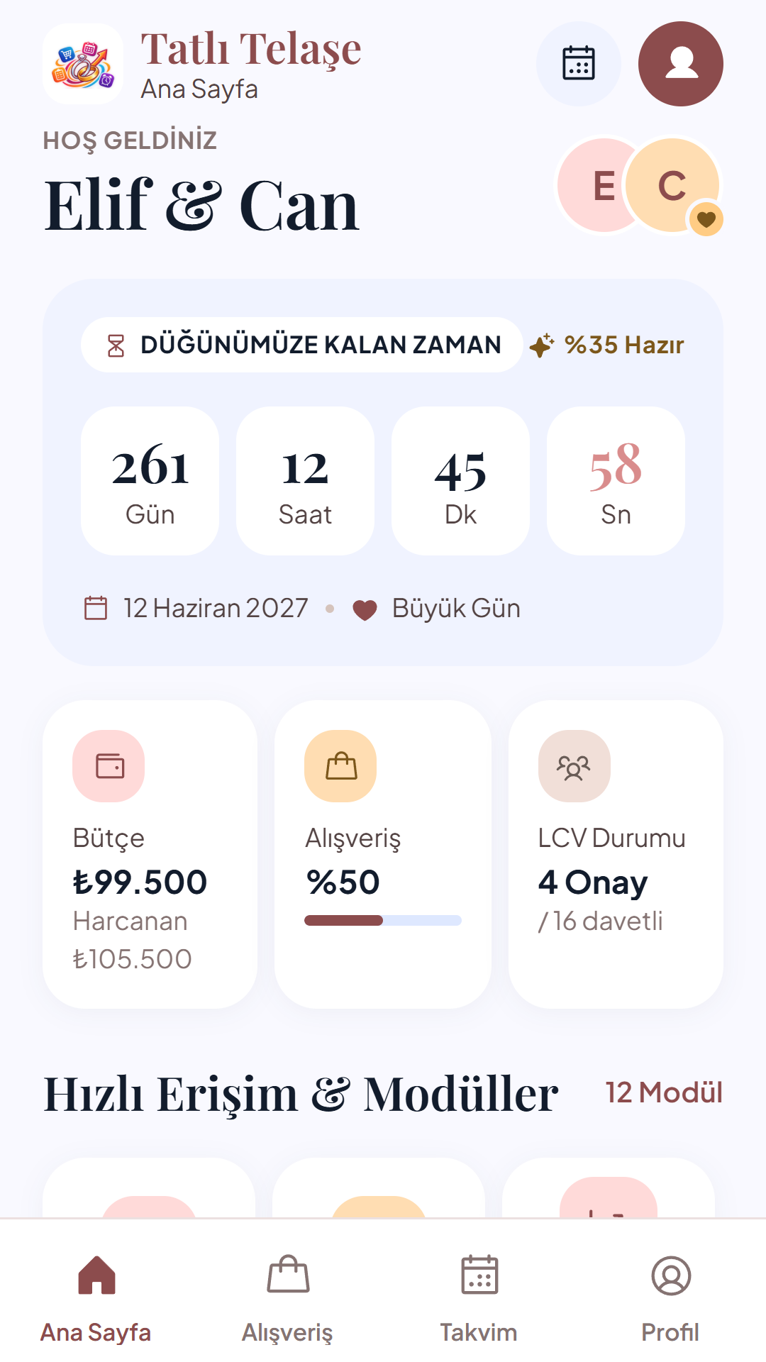 Tatlı Telaşe ana sayfa: düğüne kalan gün sayacı, bütçe, alışveriş ve LCV özeti